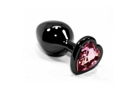 Анальная пробка черного цвета с ярким кристаллом розового цвета в форме сердечка размер S