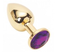 Золотая металлическая анальная пробка с фиолетовым камушком S
