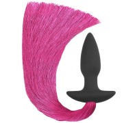 Черная анальная пробка Anal Plug with Pony Tail с малиновым хвостом