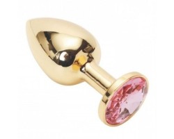 Золотая металлическая анальная пробка с камушком нежно-розового цвета L