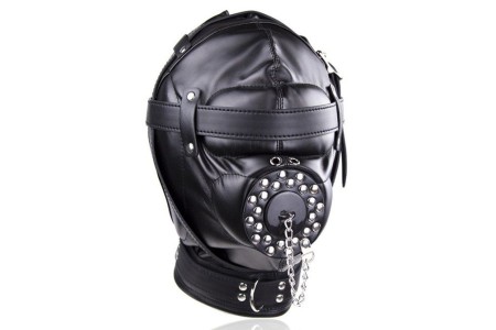 Бондажный черный шлем с кляпом