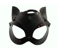 Кожаная чёрная маска со стразами и ушками Hand Made