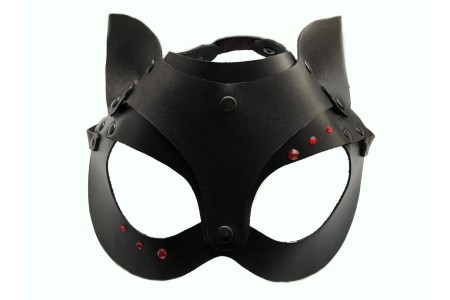 Кожаная чёрная маска со стразами и ушками Hand Made