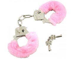 Ярко розовые металлические наручники с мехом 