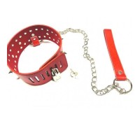 Ошейник с шипами и поводком на цепочке красный