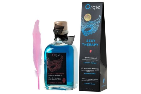 Комплект для сладких игр Orgie Lips Massage со вкусом сахарной ваты (сладкое массажное масло и перо), 100 мл