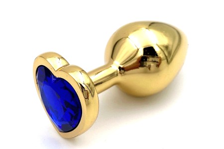 Золотая металлическая анальная пробка с синим камушком в виде сердечка S