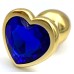 Золотая металлическая анальная пробка с синим камушком в виде сердечка S - фото 2