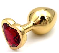 Золотая металлическая анальная пробка с красным камушком в виде сердечка S