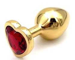 Золотая металлическая анальная пробка с красным камушком в виде сердечка M