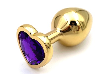 Золотая металлическая анальная пробка с фиолетовым камушком в виде сердечка M