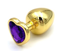 Золотая металлическая анальная пробка с фиолетовым камушком в виде сердечка L