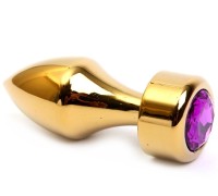Золотая металлическая анальная пробка с фиолетовым стразом, размер S