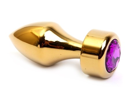 Золотая металлическая анальная пробка с фиолетовым стразом, размер S