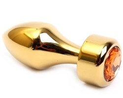 Золотая металлическая анальная пробка с оранжевым стразом, размер S