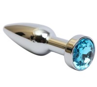 Серебряная металлическая анальная пробка с голубым стразом, размер S