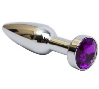 Серебряная металлическая анальная пробка с фиолетовым стразом, размер S
