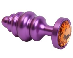 Фиолетовая рифленая анальная пробка с оранжевым стразом S