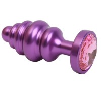Фиолетовая рифленая анальная пробка с розовым стразом S