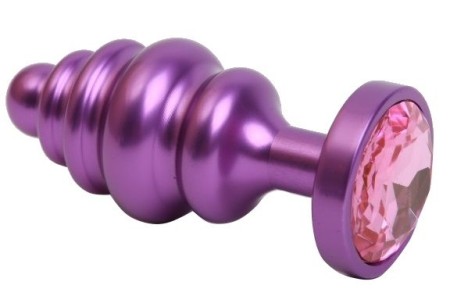 Фиолетовая рифленая анальная пробка с розовым стразом S
