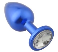 Синяя металлическая анальная пробка с прозрачным камушком M