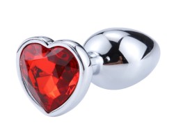 Серебряная анальная пробка с красным камушком в виде сердечка S
