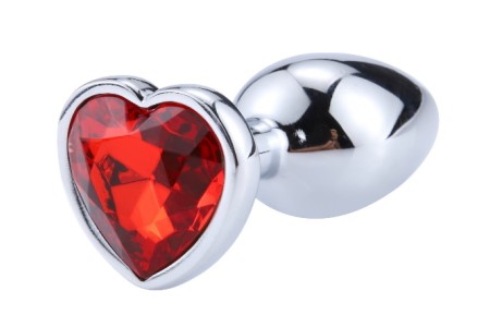 Серебряная анальная пробка с красным камушком в виде сердечка S
