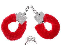 Пластмассовые серебристые наручники с красным мехом