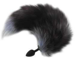 Силиконовая анальная втулка S с серо-белым хвостиком из натурального меха Furry Fox 40 см