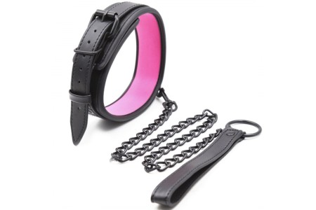 Черный БДСМ ошейник с розовой подкладкой и поводком на цепи