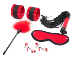 БДСМ набор для игр (наручники, маска, плеть, зажимы на соски, тиклер)