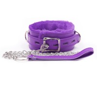 Фиолетовый ошейник с мехом и металлическим поводком