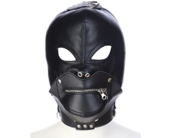 Черная БДСМ маска с замком для рта и ошейником