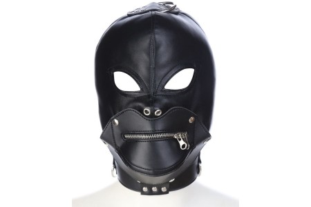 Черная БДСМ маска с замком для рта и ошейником