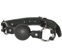 Силиконовый кляп на черном кожаном ремне с белой строчкой Sitabella