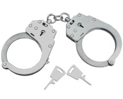 Настоящие милицейские наручники серебряного цвета с двумя ключами 