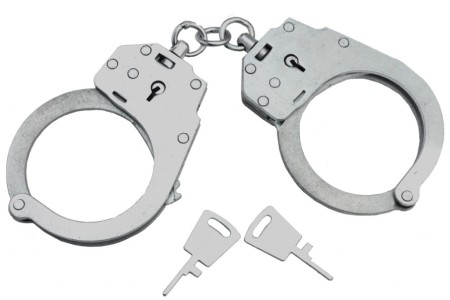 Настоящие милицейские наручники серебряного цвета с двумя ключами