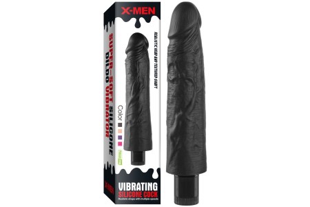 Реалистичный черный вибратор с рельефным стволом X-Men Vibrating Siliсone Cock 19 см