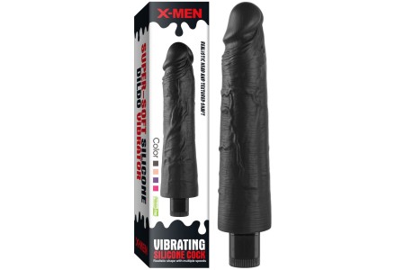 Реалистичный черный вибратор с рельефным стволом X-Men Vibrating Siliсone Cock 22 см