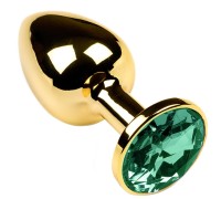 Золотая металлическая анальная пробка с зеленым камушком S