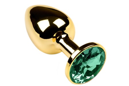 Золотая металлическая анальная пробка с зеленым камушком S
