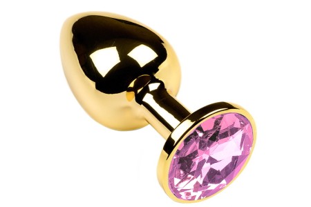 Золотая металлическая анальная пробка с камушком нежно розового цвета L