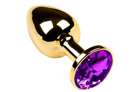 Золотая металлическая анальная пробка с камушком фиолетового цвета M