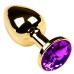 Золотая металлическая анальная пробка с камушком фиолетового цвета M - фото