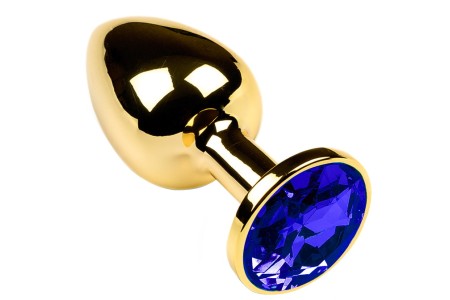 Золотая металлическая анальная пробка с камушком синего цвета M