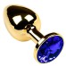 Золотая металлическая анальная пробка с камушком синего цвета M - фото