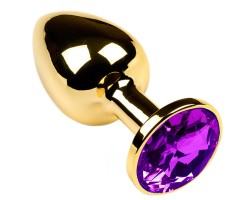 Золотая металлическая анальная пробка с камушком фиолетового цвета L