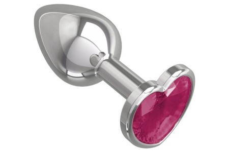 Металлическая анальная пробка с розовым камушком в виде сердечка S