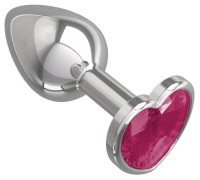Металлическая анальная пробка с розовым камушком в виде сердечка M