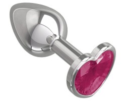 Металлическая анальная пробка с розовым камушком в виде сердечка M